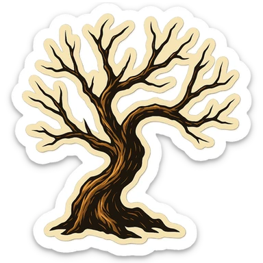 Dry tree with crooked branches without leaves, aged bark texture, clear black outlines, distinct shadows and highlights, retro stickers style, no smooth color transitions. sticker