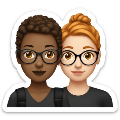 two couple girls, the first with brown hair and black round glasses, the other with short little ginger hair and a square black glasses sticker