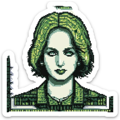 A pixel art style image of a dollar bill, featuring a green and black pixelated design with a portrait and intricate details, simple and retro design, no additional text or symbols. sticker
