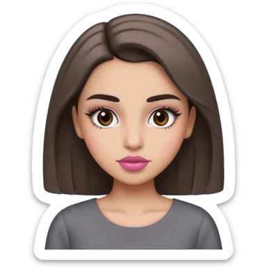 Hidjab girl that is wearing gray dress, and her brow is thick so her eyelash is tall and rumol is pink sticker