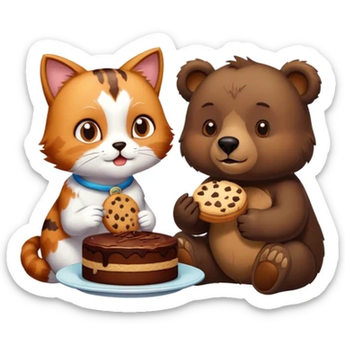 Cat eating a cookie next to a bear that eats a cake sticker