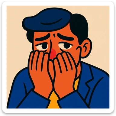 a person hiding their sadness, subtle facial expression, hands partially covering face, neutral background, expressive eyes, modern illustration style sticker