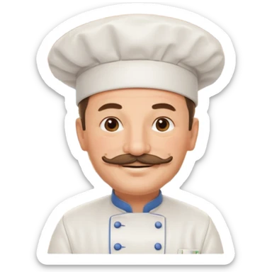 Est-ce que tu peux me faire un chef cuistot qui ressemble à Philippe Etchebest et qui est devant un restaurant? Est-ce que tu peux le faire souriant, avec une moustache de cuistot? 
 sticker