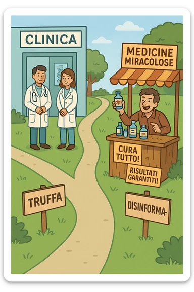 two paths diverge—one leads to a trustworthy clinic with doctors and scientific posters, the other to a shady stand selling “miracle” medicines with exaggerated claims. Signs along the second path warn of scams and misinformation. The scene encourages viewers to choose reliable, science-based healthcare. in italiano sticker