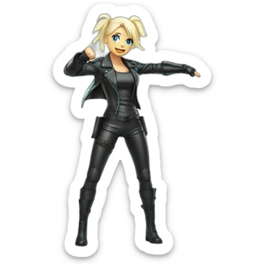 1 girl, leather suit, latex legwear, leather skirt, platinum blonde hair, ponytail, smirk, aqua eyes, leather boots Victory pose, Fighting stance sticker