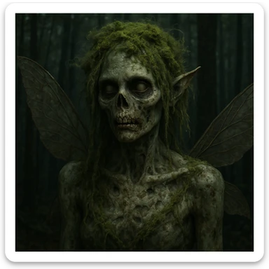 zombie fairy, realistic style, mossy hair, hollow eyes, forest background sticker