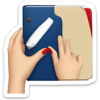 a female hand with a red manicure holds a dark blue notepad sticker