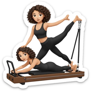brunette,curly hair shoulder lenght,turkish,beautiful,with some eyelined eyes, 3b girl doing reformer pilates with black pilates cutesy set,on reformer machine,making different moves. sticker