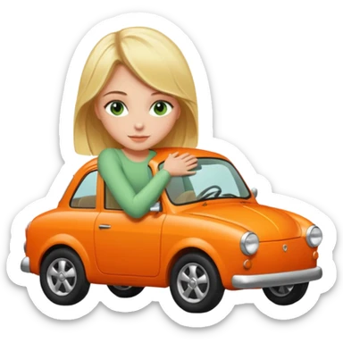 Blonde girl with green eyes Hughing a Orange car  sticker