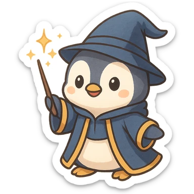 a cute penguin wizard casting a spell, wearing a robe and holding a wand, magical sparkles around sticker