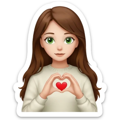 Girl green eyes brown long hair white warm sweater doing hands heart sticker