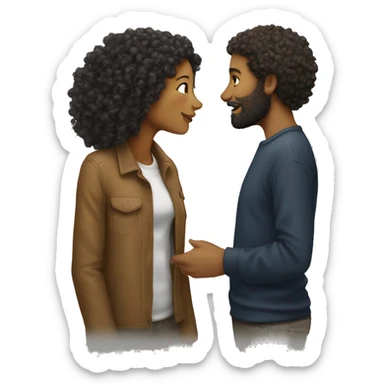 Curly haired woman kissing white man with beard sticker