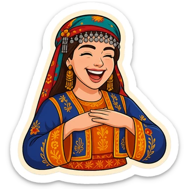 Kurdish cartoon sticker of the same woman in the new dress, laughing with a big smile, eyes closed, joyful expression, no text, transparent background sticker