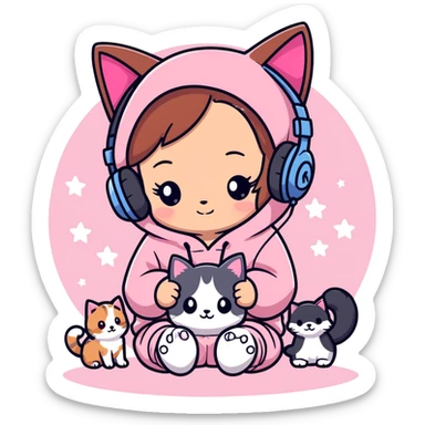 A brown-haired cartoon girl, anime style, in a pink sparkly hoodie with headphones on, surrounded by hearts, stars, and a puppy and kitten cuddling at her feet. sticker