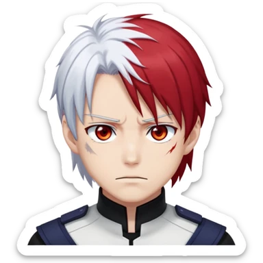 Shoto Todoroki face only, left side white hair, right side red hair, heterochromatic eyes, burn scar on left side of face, serious expression sticker