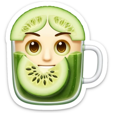 A face emoji with slices off cucumbers in his eyes and drinking a cup of Matcha sticker