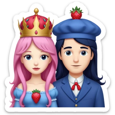 pale blueberry prince man. Handsome with long black hair blueberry hat and clothes next to pale strawberry princess woman with strawberry hat eyelashes long pink hair and strawberry dress sticker