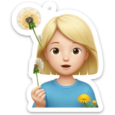 A 3D cartoon child blowing on a dandelion, seeds flying in the air, sunny garden background, realistic Memoji-style. sticker