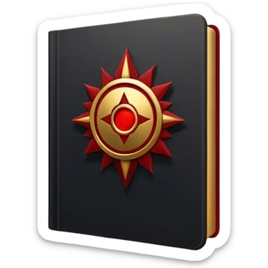 Un libro negro mate con detalles en dorado profundo o rojo oscuro, irradiando una sombra poderosa, con un símbolo de escudo protector, y una ligera aura de calor, reflejando el poder de vivir sin miedo.  sticker