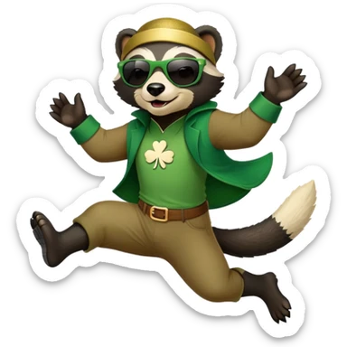 friendly anthropomorphised honey badger in a casual green-themed outfit with St. Patrick's Day accessories, wearing sunglasses, jumping, no beer sticker