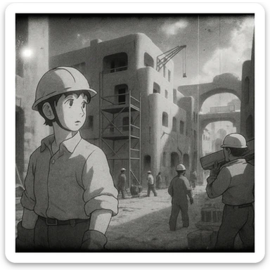 8mm film black and white, no color, light leaks. the image shows post-war reconstruction in the z'rian commonwealth capital region, santa-fe neo-adobe futuristic architechture sticker