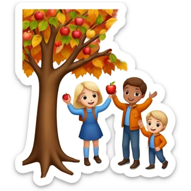 kids picking apples from a tree in autumn, colorful fall leaves, cheerful expressions sticker