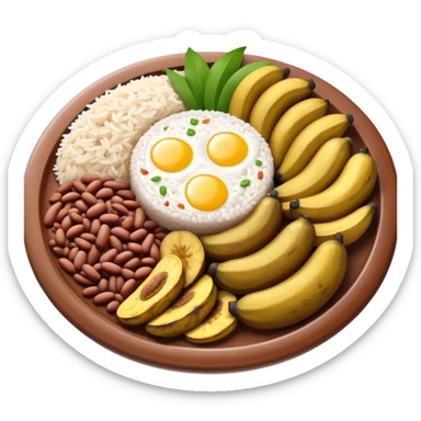 Cinematic Realistic Bandeja Paisa Dish Emoji, depicted as a hearty platter featuring beans, rice, meat, and plantains rendered with detailed textures and vibrant, robust lighting. sticker