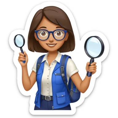 Happy woman hiker with glasses in vibrant dark blue and white outfit, backpack, holding magnifying glass sticker