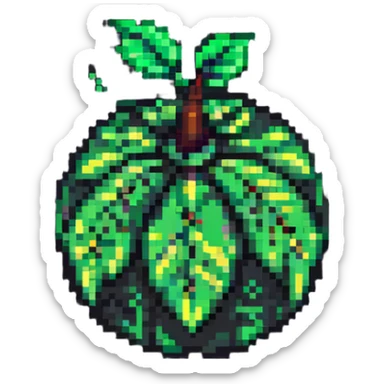 Green digital bomb with leaf-shaped fuse at the top, round black bomb body with green accents, pixel art style sticker