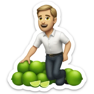The same white man with brown hair bending down to pick up many fallen limes on the floor . No facial hair at all sticker