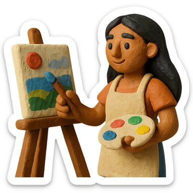 tanned woman artist with long black hair, wearing an apron, painting at an easel, holding a palette and brush, claymation style sticker