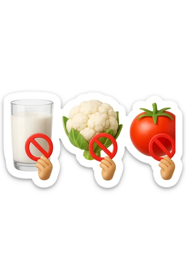 emoji stile iphone di un BICCHIERE DI LATTE CAVOLFIORE E POMODORO CHE FLUTTUANO IN ARIA VERTICALMENTE CON DIVIETI IN MANO, iperrealistico 4k, isolato su sfondo bianco sticker