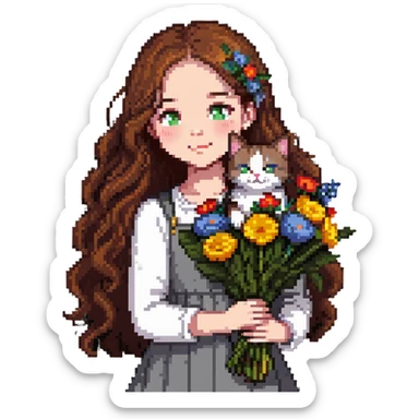 A cool girl with long brown hair and fair skin tilts her head and holds a bouquet of flowers and a cat sticker