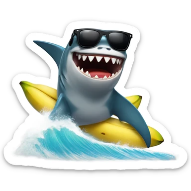 A shark with sunglasses surfing on a wave of bananas sticker