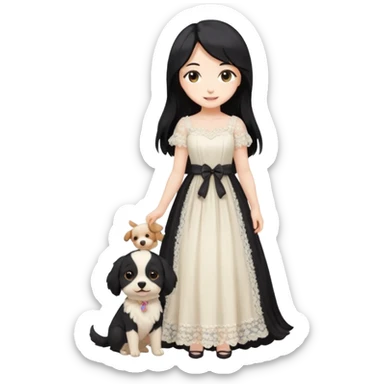 Pastel anime lady long hair with long lace dress full body holding puppy sticker