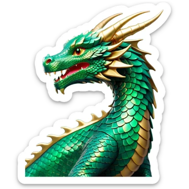 Cinematic Noble Dragon Portrait Emoji, Poised and majestic, with a sinuous, elongated body covered in intricately detailed, shimmering scales in hues of emerald and gold, and piercing, fiery eyes that reflect ancient wisdom; rendered with lifelike texture and natural highlights, high shine, intelligent and formidable, styled with an aura of mythic power, focused and attentive, soft glowing outline, capturing the essence of a legendary dragon that appears ready to soar out of the screen with timeless authority! sticker