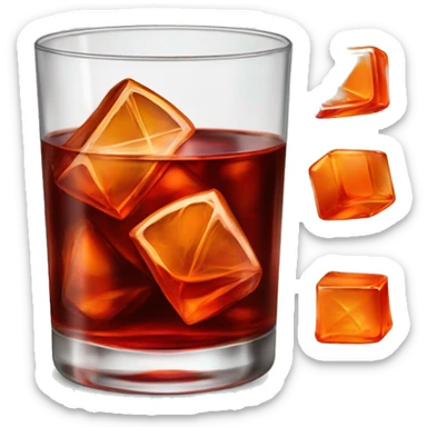 Negroni, short glass, a squared glass, few ice cubes sticker