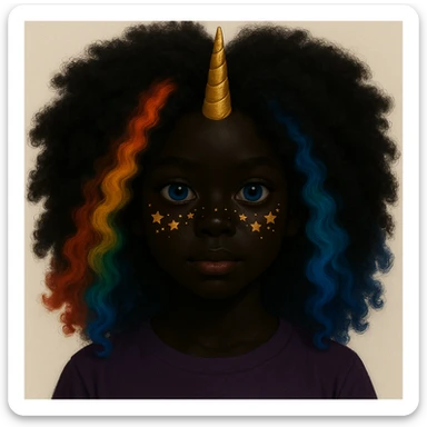 Change the character's skin to a deep black tone and give her fluffy, voluminous hair while keeping the rainbow hair, gold unicorn horn, blue eyes, and star freckles. Maintain the original style and details. sticker