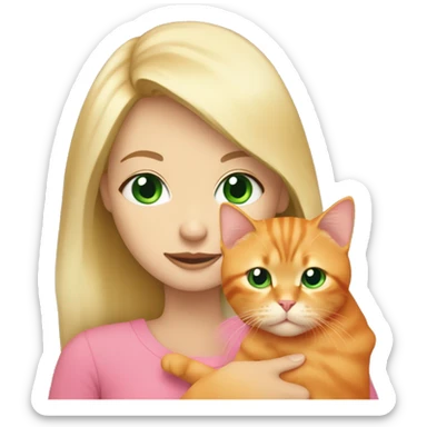 blonde hair green eyes girl hold a orange cat with a pink cover over them sticker
