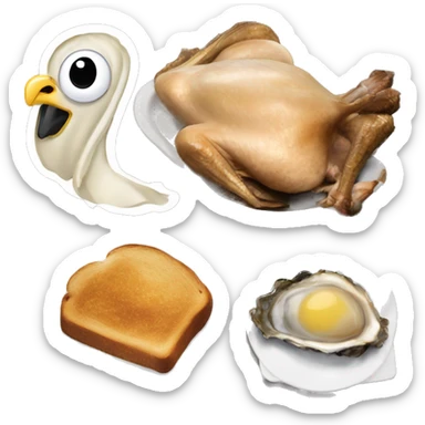 Standing crazy Turkey next to blackened toast and oysters and a a slice of toast sticker