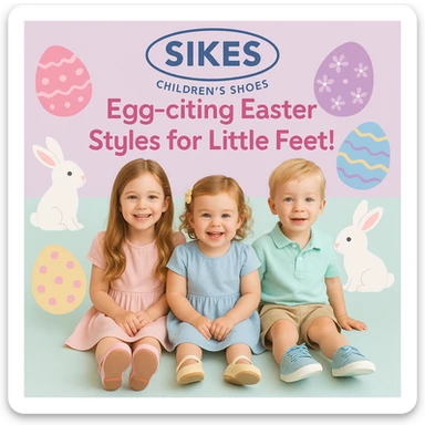 Easter-themed Instagram post for Sikes Children's Shoes with pastel background, logo at top, children wearing pastel shoes, surrounded by Easter eggs and bunnies, headline: 'Egg-citing Easter Styles for Little Feet!'. Include uploaded logo. sticker