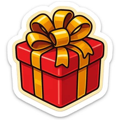 Make this gift emoji cartoony, with a primary color of red for the box and a secondary color of yellow for the ribbon, keeping the style playful and bold in retro stickers style. sticker