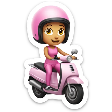 girl in helmet riding moped, wearing pink leggings and top sticker