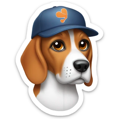 beagle wearing an orange baseball hat with a white t on it sticker