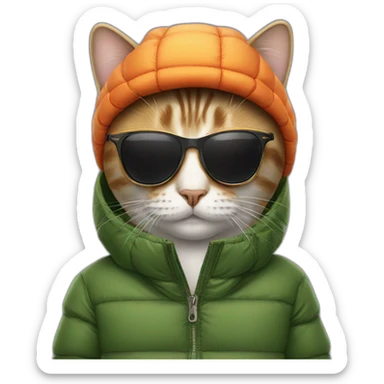Cat with sunglasses and hat  wearing puffer jacket sticker
