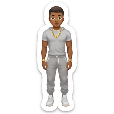 Handsome Black guy with brown skin tone, with muscular build, wearing gray sweatpants, a white t-shirt, white Air Force Ones sneakers, a small gold rope chain, and a gold watch  sticker