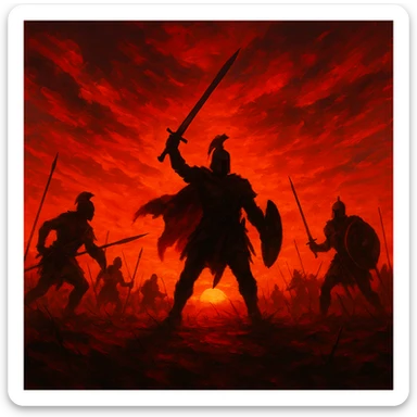 red battlefield, silhouettes of warriors, sunset sticker