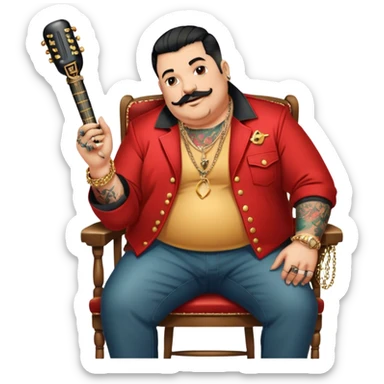 Icon for Chanson: Old fat chanson singer with tattoos and short moustache, red jacket, gold chains and braslettes, sitting on a chair with an acoustic guitar and standing microphone. The atmosphere should reflect a nostalgic, soulful vibe with vintage elements. Transparent background. sticker