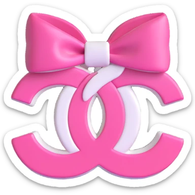 Replace the logo with the authentic interlocking double C Chanel logo, keep the bow pink and white, luxurious, glossy, 3D emoji style, no background. sticker