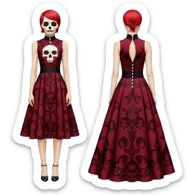No human figures, Women's Skull Print Evening Dress in Oxblood, sleeveless evening dress featuring an all-over fiery red Skull print. High neck with button fastening, isolated, rendering sticker